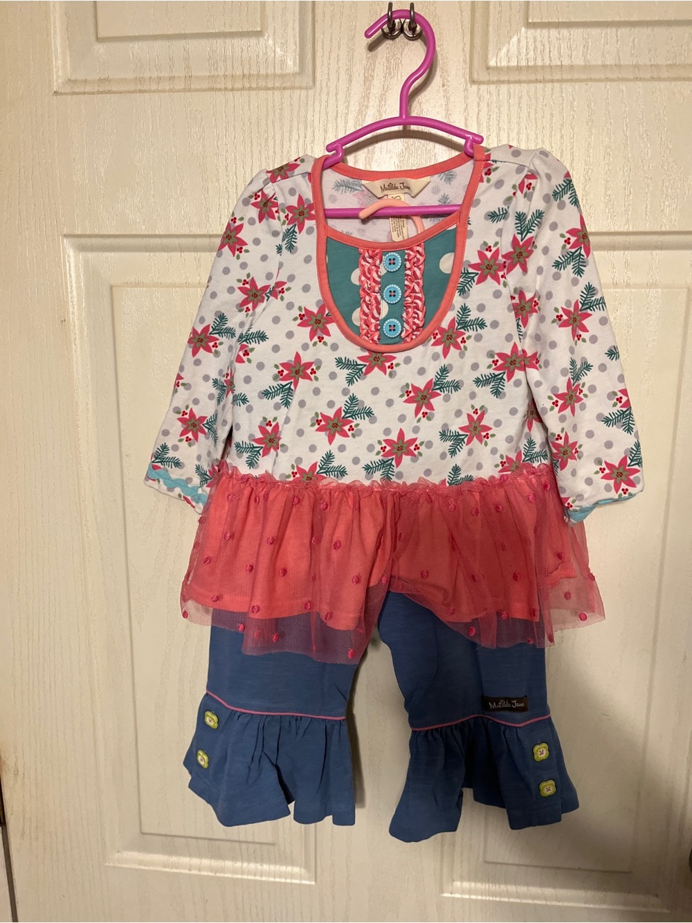 Matilda Jane Girls' Pink Floral Tutu Top & Blue Ruffle Pants Set